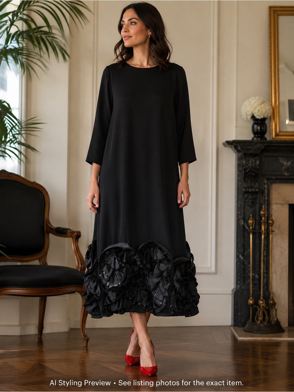 Vintage Lawrence Dress Black Rosette Sequin Hem Midi Dress M 8-10
